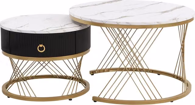 Set di 2 Tavolini da Salotto Moderni Modulari GL Store in Marmo Sintetico Bianco con Dettagli Dorati e Cassetti, L/P/H: 70 x 70 x 45 cm e 50 x 50 x 40 cm