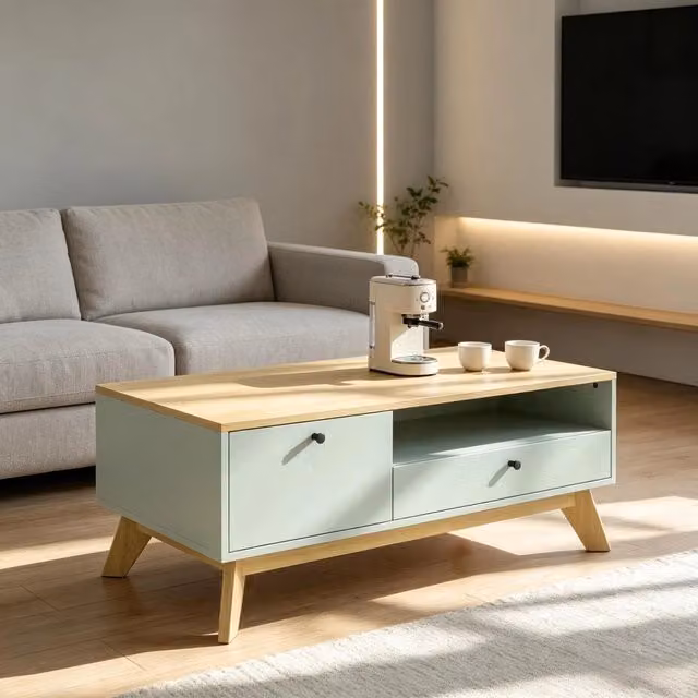 Tavolino basso fisso con cassetto anta e vano aperto in MDF verde chiaro e rovere 100 × 50 × 40 cm