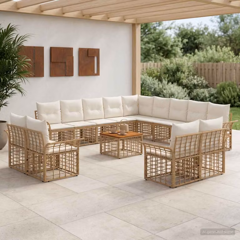 vidaXL Set di divani da esterno 14 pezzi per 13 persone, design moderno a forma di U con struttura in acciaio e legno di acacia, colori beige, bianco e marrone