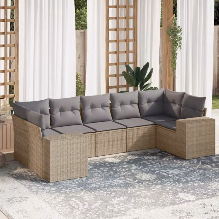 vidaXL Set Divani da Giardino 7 pz a Forma a L in Polyrattan con Cuscini Beige e Grigio Resistenti ai Raggi UV