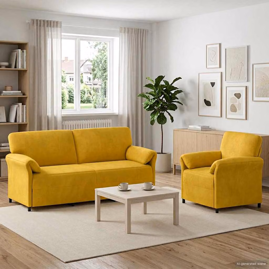 Set di 2 divani moderni vidaXL in velluto giallo con struttura in metallo e cuscini inclusi