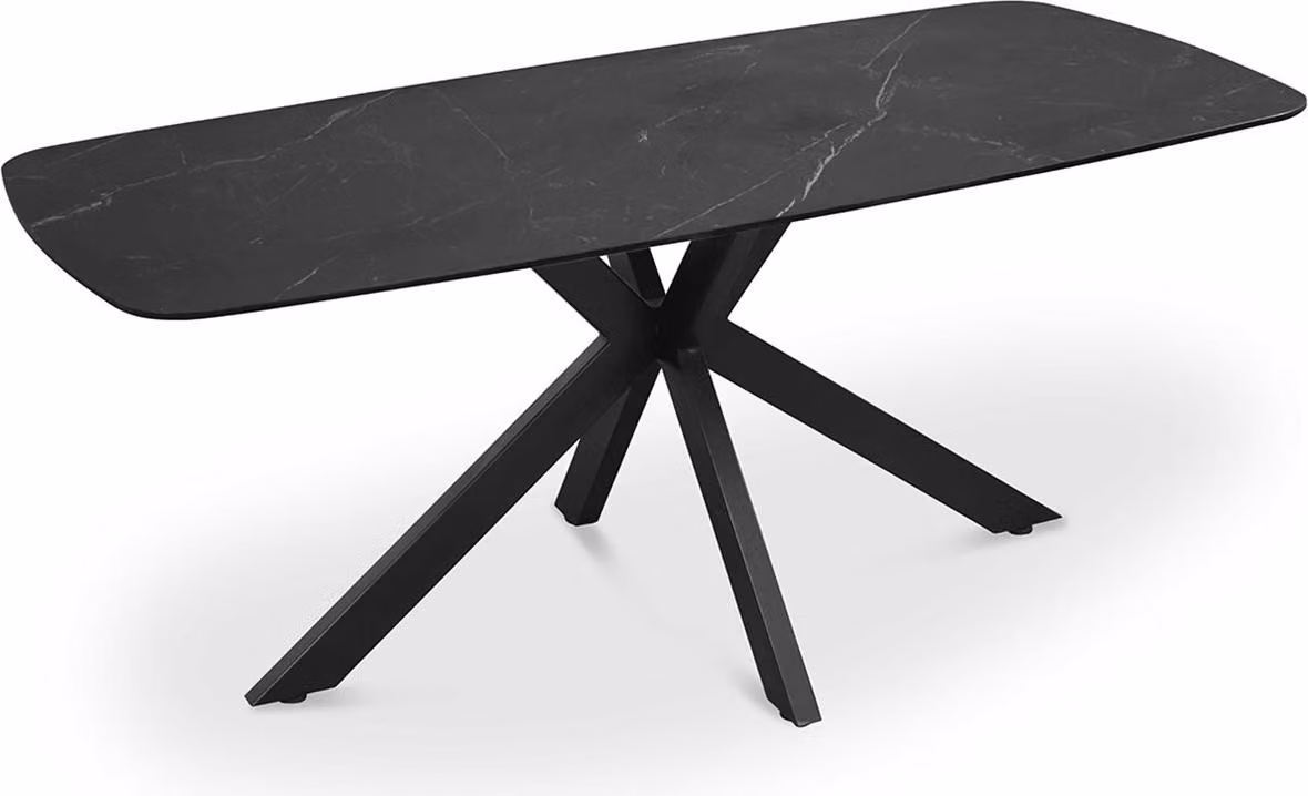 Tavolo rettangolare 180x90 cm con piano in pietra effetto marmo nero e struttura in metallo nero, design moderno per cucina, sala da pranzo VITO