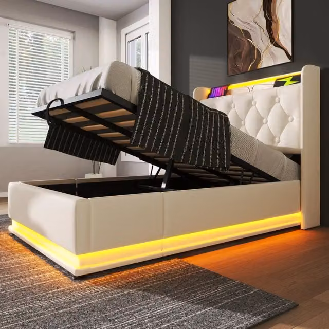 Letto singolo 90 × 200 cm con contenitore LED USB e type-C in PU bianco con testiera imbottita e rete a doghe
