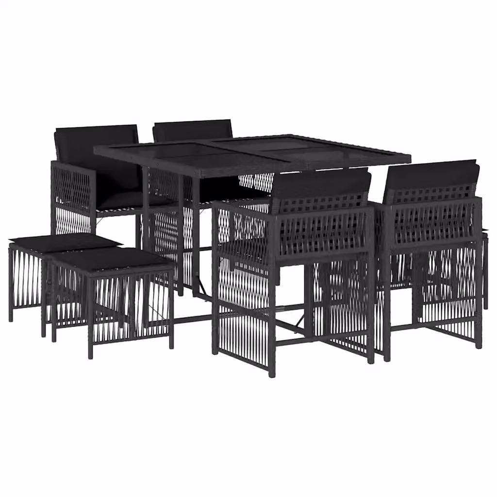Set da pranzo da giardino vidaXL in polyrattan nero con cuscini e tavolo in vetro per esterno – 2