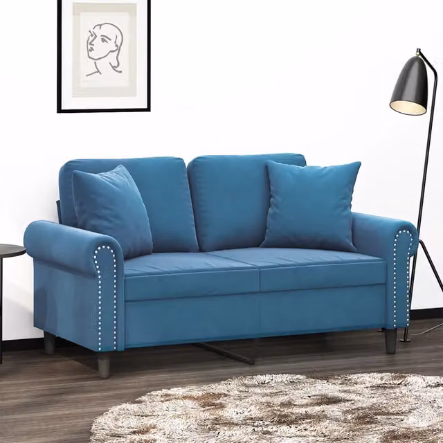 Divano a 2 posti moderno vidaXL in velluto blu con cuscini e struttura in metallo per il tuo soggiorno L: 152 cm, P: 80 cm, H: 77 cm