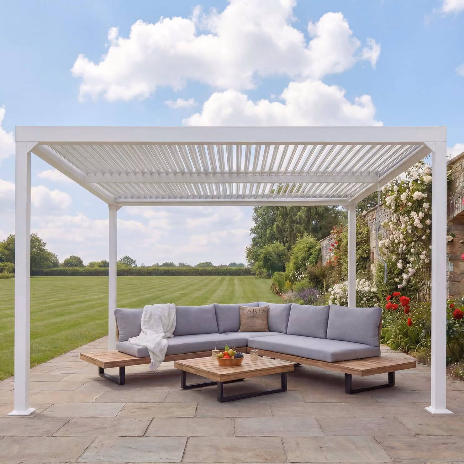 Pergola in alluminio MCW-L41, gazebo a lamelle, copertura per terrazza, robusto telaio in metallo da 8 cm, 3x3,7 m ~ bianco