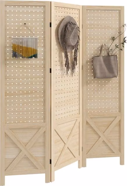 Paravento per interni divisorio a 3 ante pieghevoli in legno naturale pannello perforato 114 x 1,7 x 144,5 cm