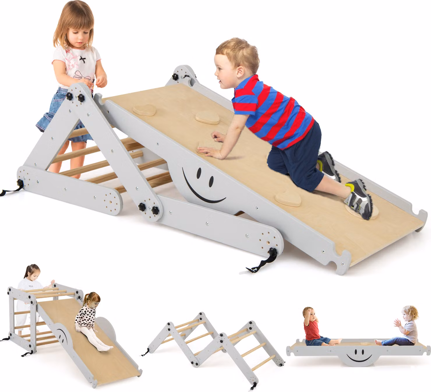 COSTWAY Set da arrampicata, giochi da arrampicata in legno pieghevoli con rampa regolabile e reversibile, scala da arrampicata, pietre da arrampicata e altalena per bambini
