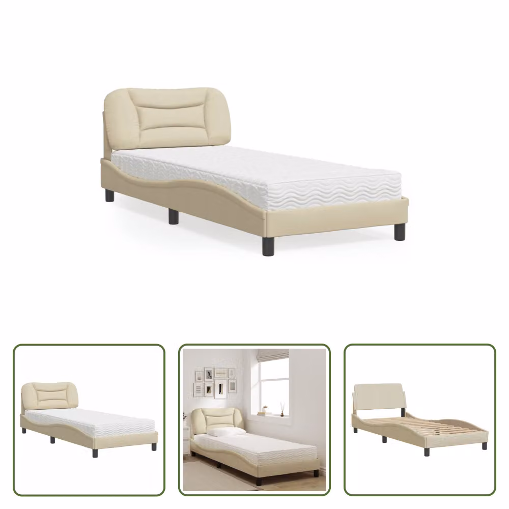 The Living Store Letto con materasso crema 90x190 cm in tessuto