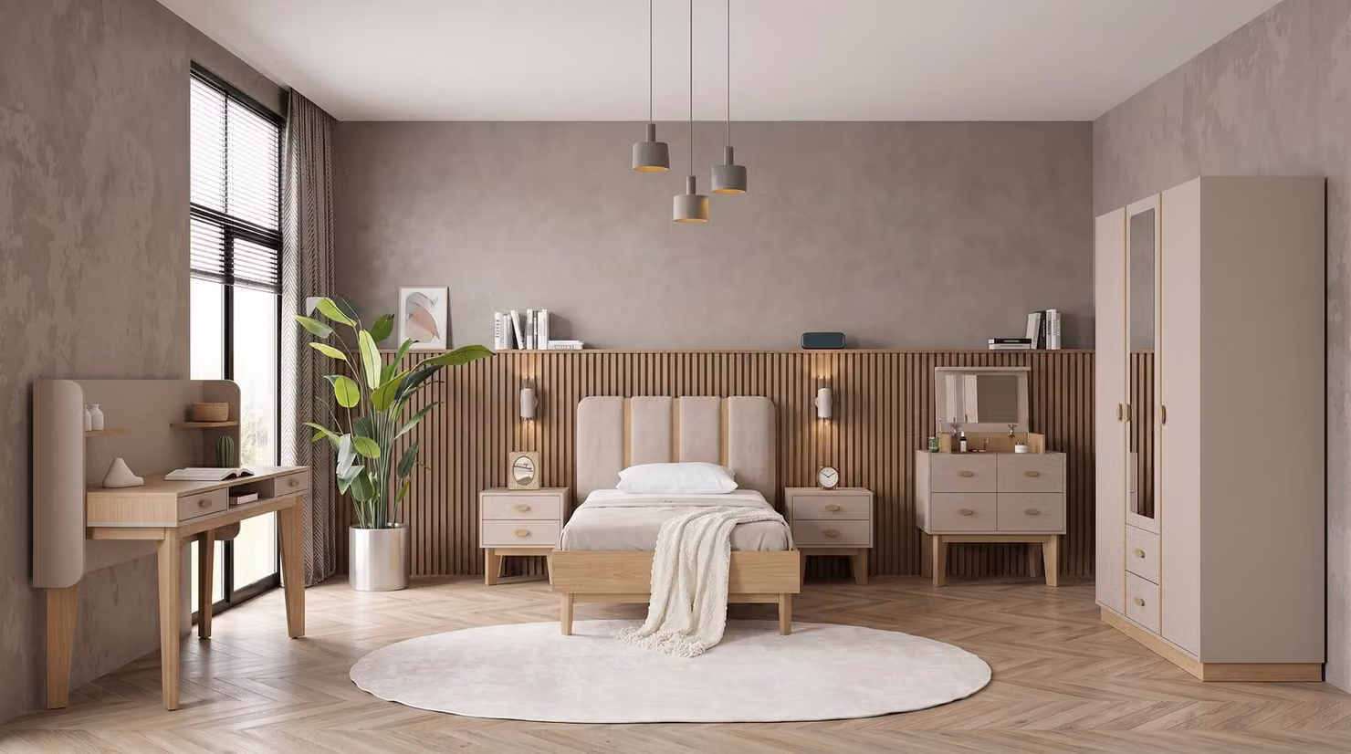 Camera da letto per adolescenti color beige: letto, comodini, armadio, cassettiera, scrivania