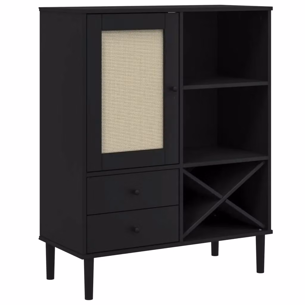 Credenza SENJA vidaXL in legno di pino massello e rattan, colore nero, L 90 cm, P 40 cm, H 112 cm – 2