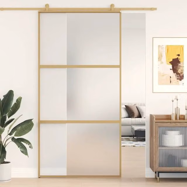 Porta Scorrevole vidaXL in Alluminio e Vetro Smerigliato Oro L: 102,5 cm, H: 205 cm
