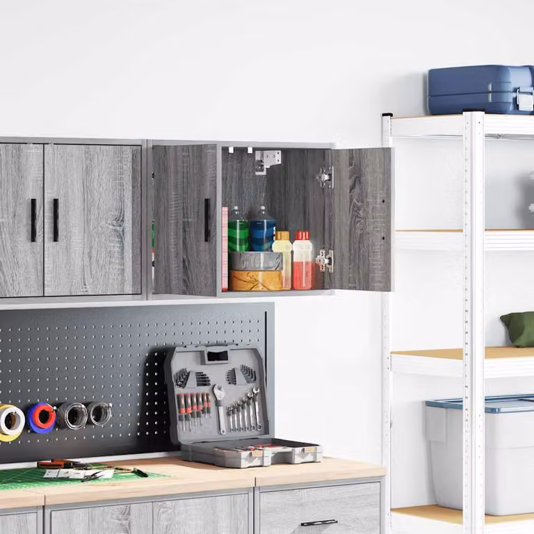 Pensile da garage vidaXL in legno grigio con ante a battente e ripiani interni