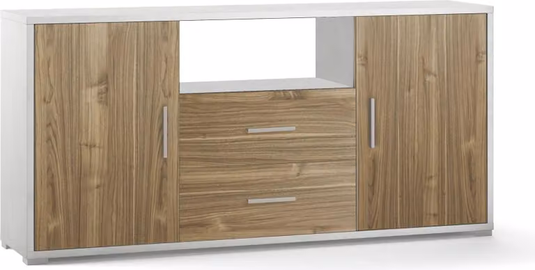 Milani Home - madia credenza moderna 2 ante e cassetti, bianco e noce, 174 x 41 x 84 cm, per soggiorno