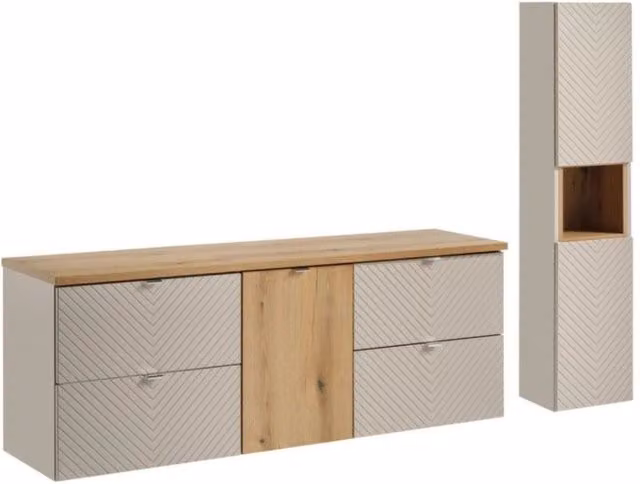Set bagno Meublorama AOKI beige con mobile sottolavabo, cesto per la biancheria, piano in quercia e colonna L/P/H: 140 x 64 x 190 cm – 1