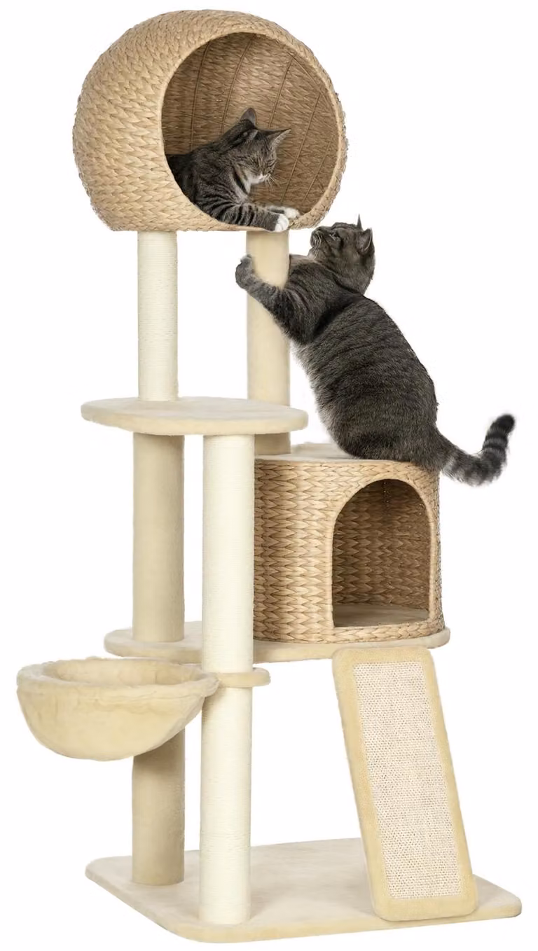 Tiragraffi Pawhut, albero da arrampicata con casetta per gatti, albero per gatti con rampa, albero da gioco