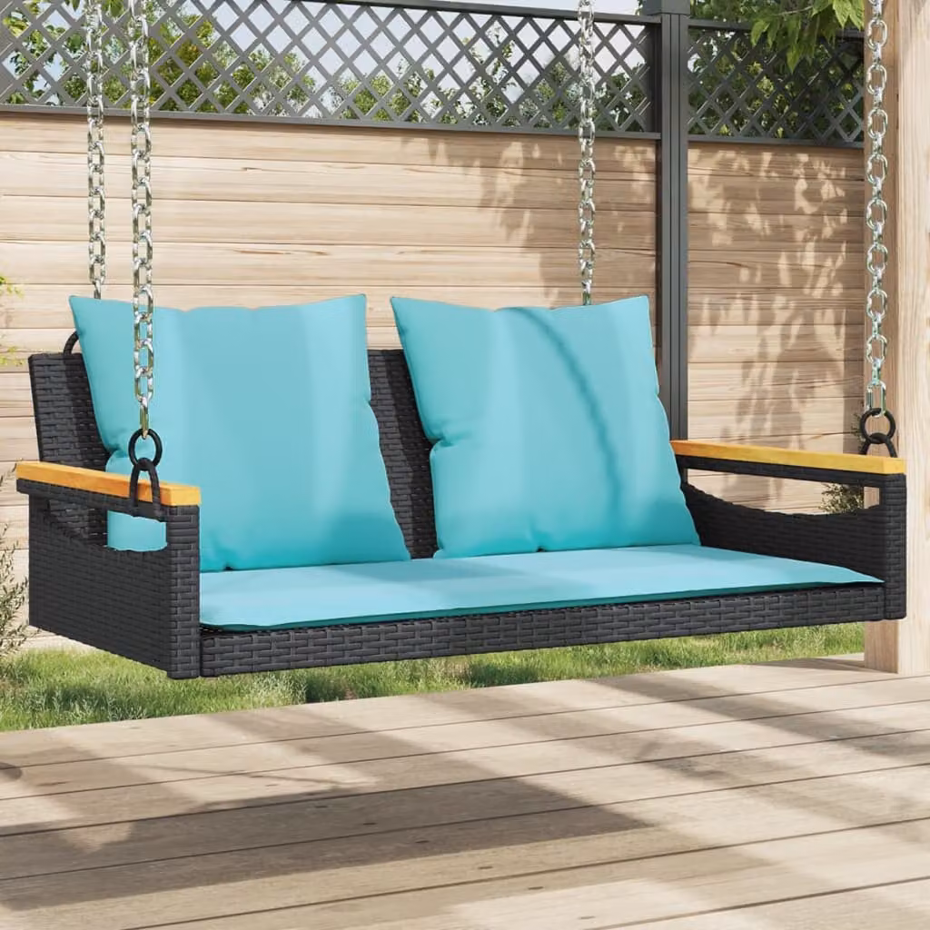 Panchina a dondolo vidaXL in polyrattan nera con cuscini in tessuto resistente ai raggi UV L: 109 cm, P: 62 cm, H: 40 cm