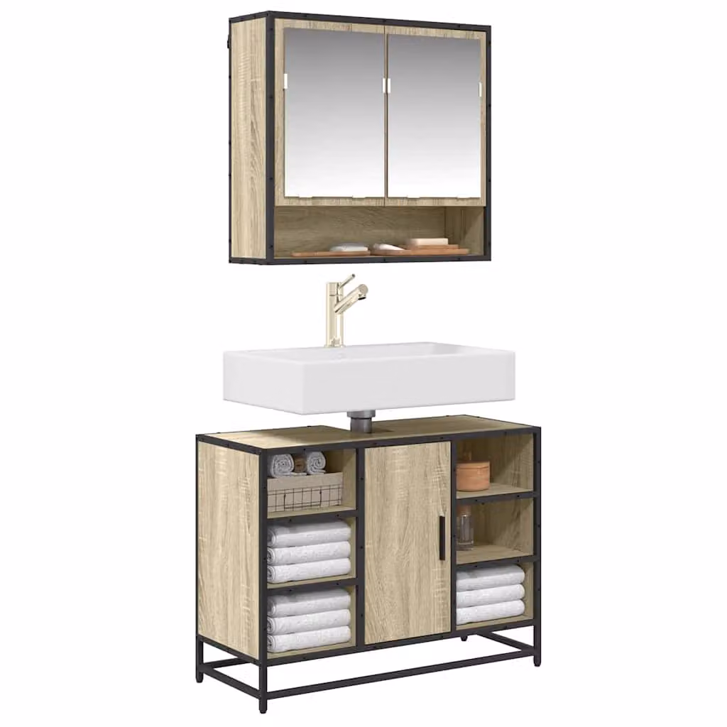 Mobiletto da bagno sospeso vidaXL in stile industriale, Rovere Sonoma, L: 80 cm, P: 33 cm, H: 60 cm
