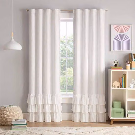 Tenda oscurante per bambini con volant a gradini, 213 x 61 cm, oscuramento al 100%, bianca, pannello singolo