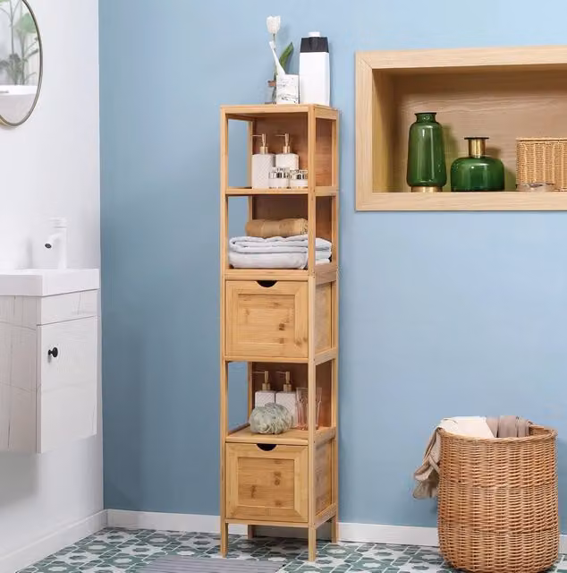 Mobiletto da bagno MODFU in bambù marrone con ripiani e cassetti, L/P/H: 30 x 30 x 140 cm