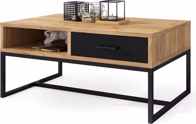 Tavolino All4All modello Marco, tavolino da caffè, tavolino per il soggiorno, stile industriale, tavolino da divano, con cassetto, 90x60 cm, rovere dorato e nero