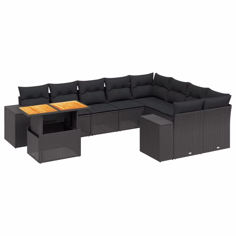 Set Divani da Giardino 10pz con Cuscini in Polyrattan Nero