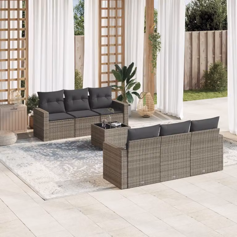 vidaXL Set Divani da Giardino 7 pz in Polyrattan Grigio con Cuscini e Tavolino