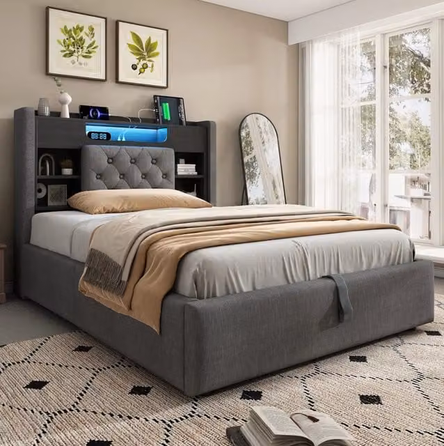 Letto 90x200 cm con contenitore idraulico e LED in lino grigio