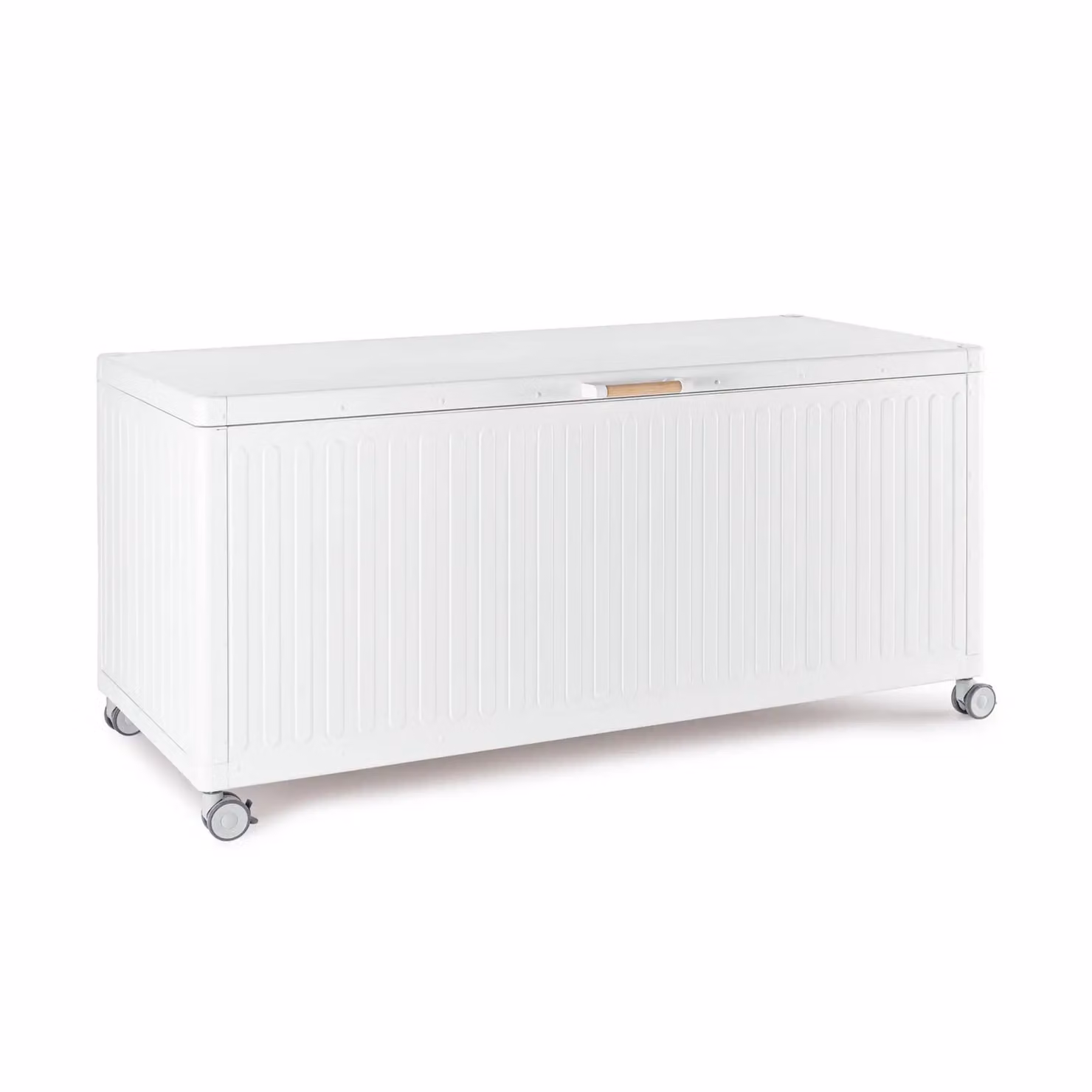 Baule da giardino BRAGA in alluminio bianco, con ruote e maniglia effetto legno