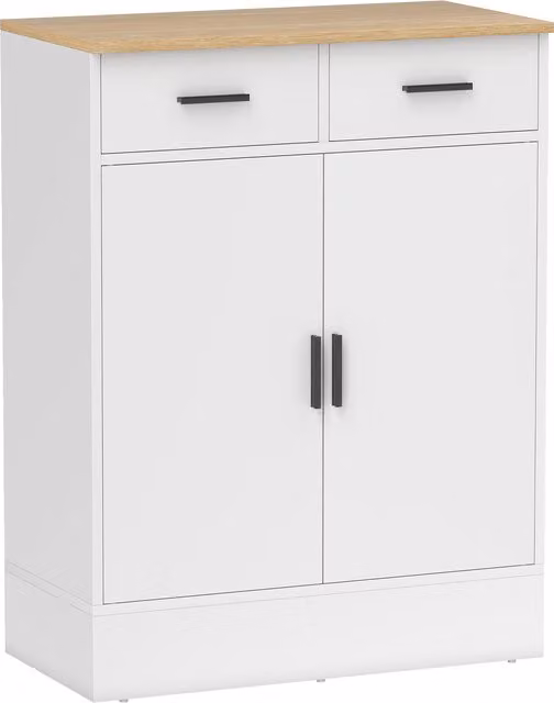 Credenza Moderna HOMCOM con 2 Cassetti e 2 Ante, Ripiano Interno Regolabile, Bianco e Legno