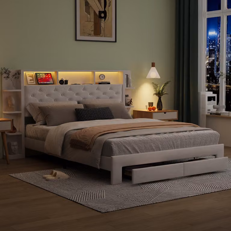 Letto imbottito ProximaX 140x200cm con USB e prese, letto per ragazzi letto matrimoniale con cassetti, letto contenitore letto in legno massiccio con LED/tipo C e rete a doghe, bianco