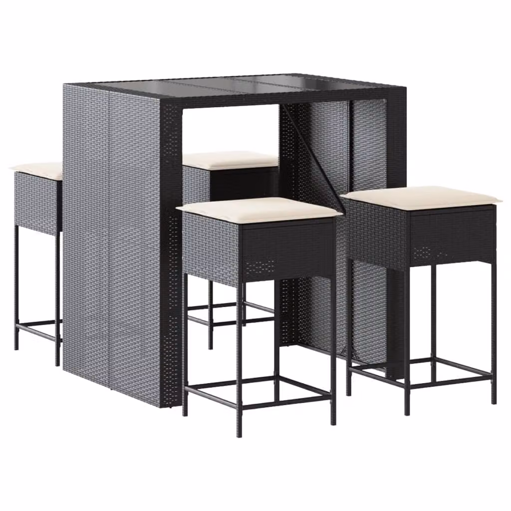 set bar da giardino 5 pezzi con cuscini in polirattan nero