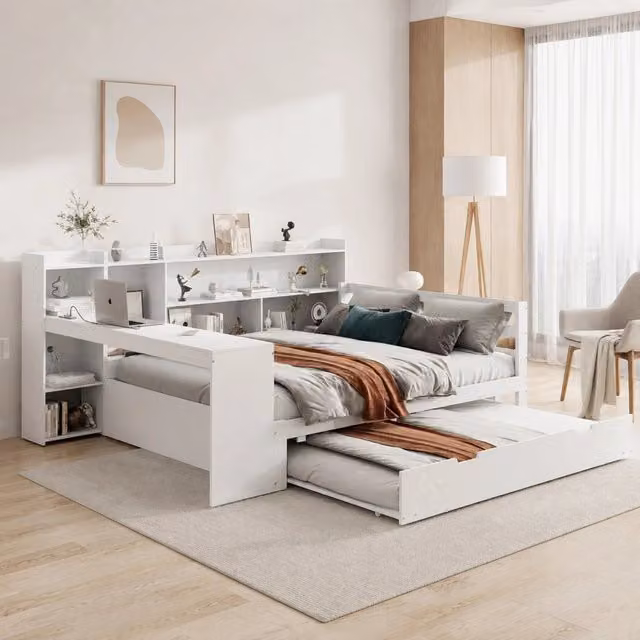 Divano Letto in Legno Massello 140x200 cm con Scrivania, Scaffali, Ripiani e Prese Elettriche, Letto Esraibile, Bianco