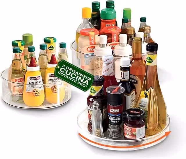 Set di 3 Organizer Girevoli Avilia Home in Plastica Trasparente per Cucina e Dispensa
