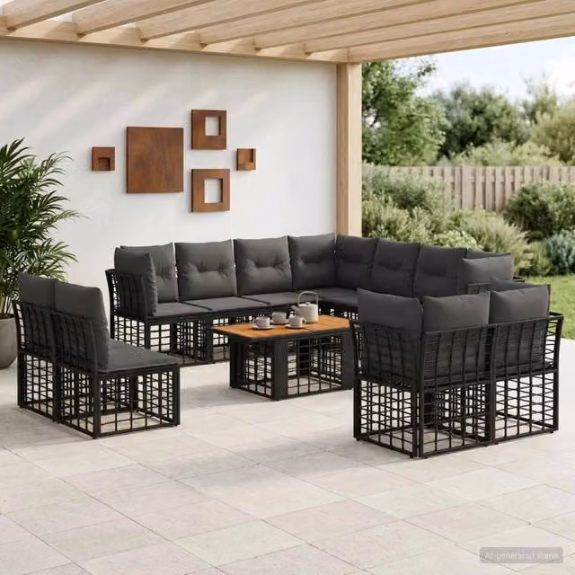 Set Divano da Giardino a L vidaXL in Polyrattan con Cuscini e Tavolino, Nero e Grigio