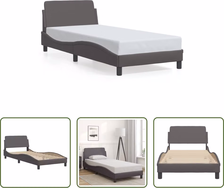 The Living Store Giroletto con testiera grigio 90x190 cm in ecopelle