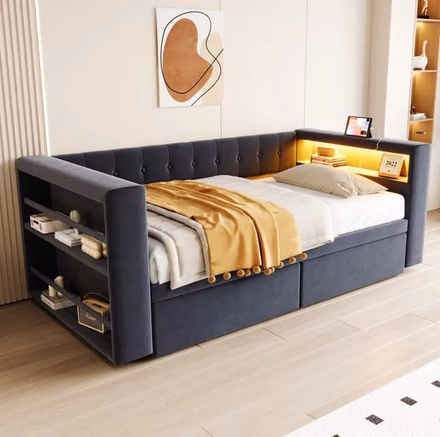 Letto 90x190 cm con LED; presa e cassetti in flanella grigio scuro