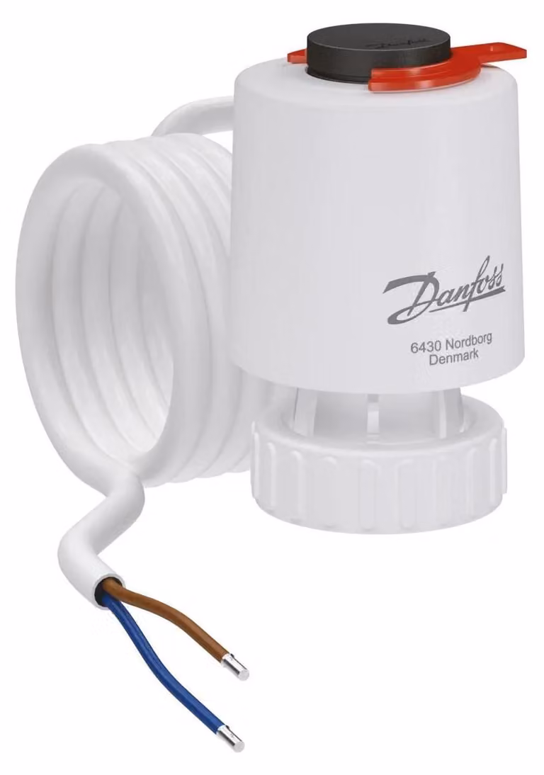 Attuatore termostatico Danfoss, 230V, normalmente chiuso senza alimentazione, filettatura M30x1,5, cavo da 1.200 mm, grado di protezione IP54, 1 pezzo.