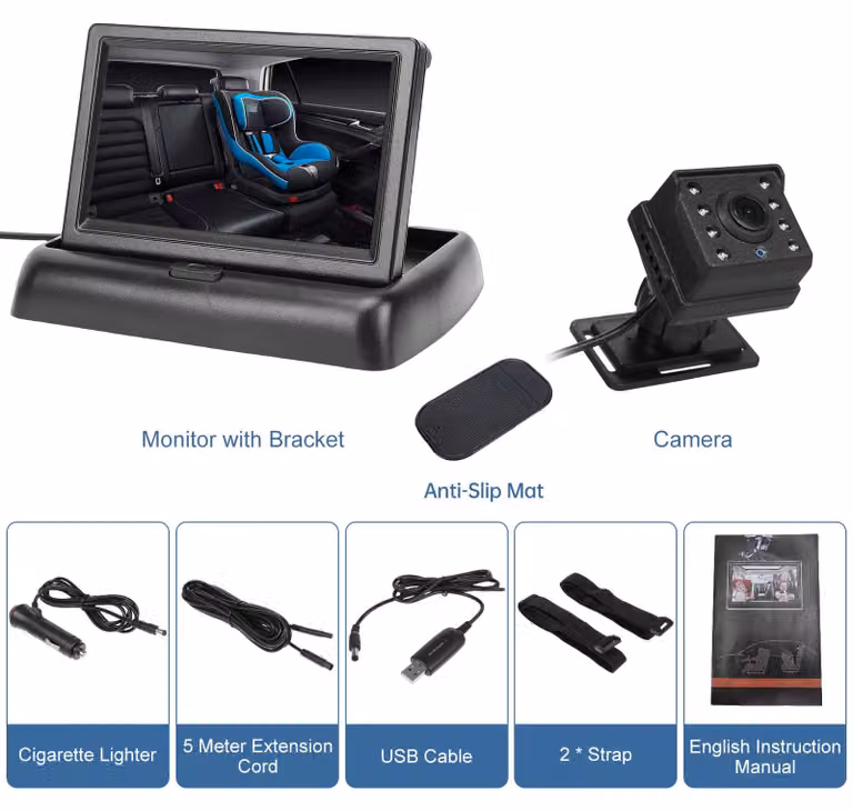 Telecamera per auto 1080p con schermo pieghevole da 4,3 pollici, visione notturna e grandangolo da 150° per il monitoraggio dei sedili posteriori
