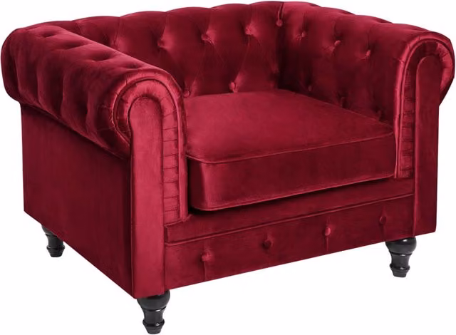 Poltrona Chesterfield Beliani in Velluto Rosso con Gambe in Legno di Gomma – 1