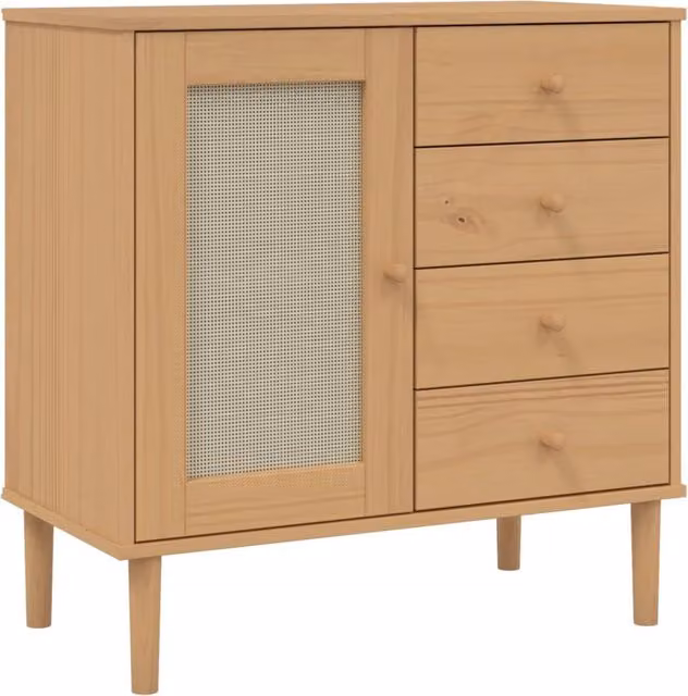 Buffet credenza in legno di pino massiccio con effetto rattan marrone e beige per cucina e soggiorno L: 80 cm, P: 40 cm, H: 80 cm
