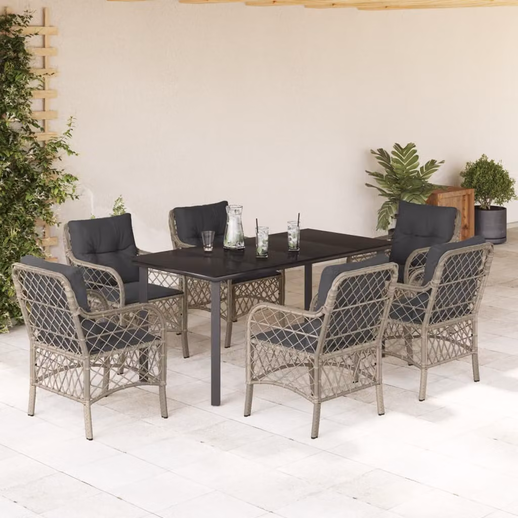 Set da pranzo da giardino vidaXL in polyrattan con piano in vetro, 7 pezzi, grigio antracite – 1