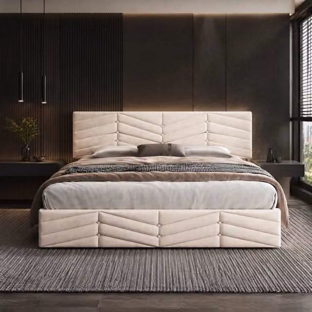 Letto imbottito 140x190 cm con rete a doghe e testiera regolabile in velluto beige