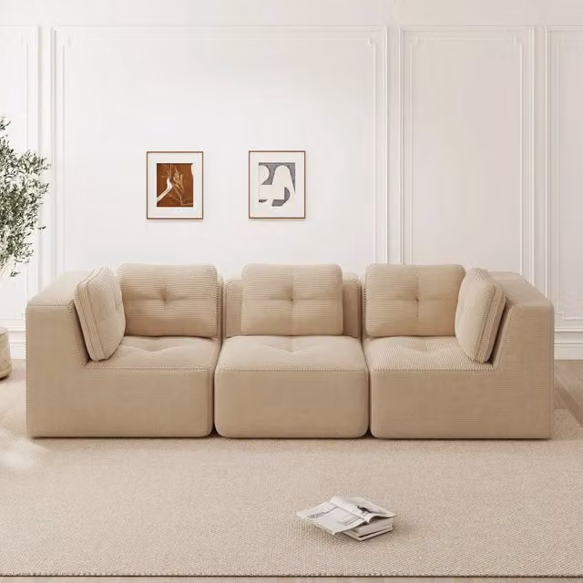 Divano angolare modulare in velluto a coste con seduta profonda 74 cm; beige