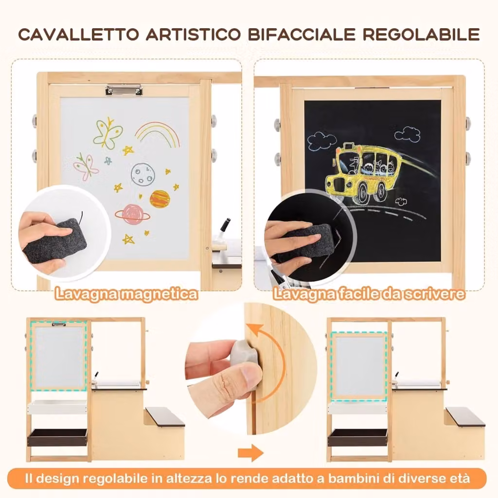 Set 3 in 1 Tavolo e Sedie per Bambini Costway in Legno Marrone con Lavagna Reversibile, Magnetica e Cavalletto Regolabile, Libreria e Accessori Artistici – 2