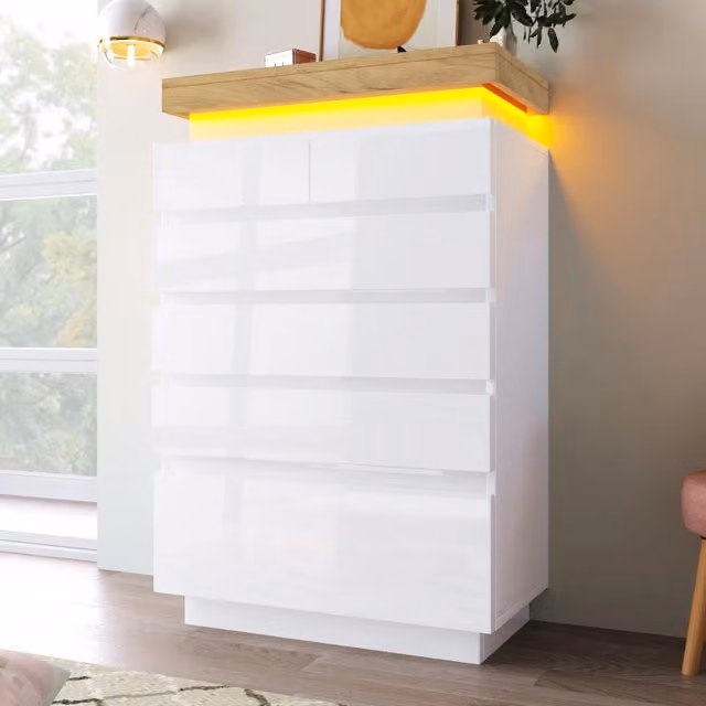 Credenza REDOM Bianca Lucida con 6 Cassetti e Illuminazione LED L: 115 cm, P: 39 cm, H: 73 cm