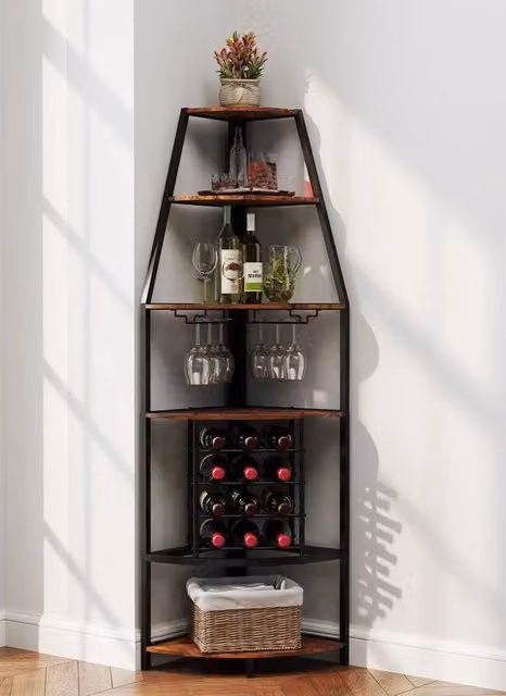 Portabottiglie a vela con 5 livelli e supporto in vetro, ideale per bar e cucina, stile industrial, colore marrone e grigio vintage