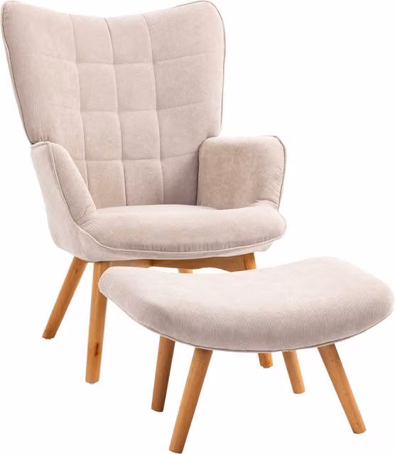Poltrona Relax HOMCOM con Pouf Poggiapiedi in Velluto a Costine Beige con Schienale Alto e Braccioli