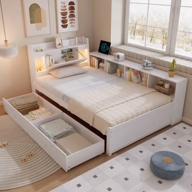 Letto singolo ULEVR 90x200 cm con 2 luci, presa di ricarica, mobili laterali e 2 cassetti, bianco
