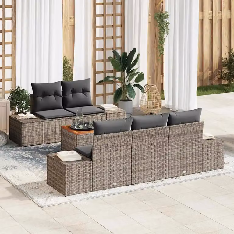 Set Divano da Giardino vidaXL 6 Pezzi a Forma di L Grigio con Cuscini e Tavolino in Polyrattan e Acciaio